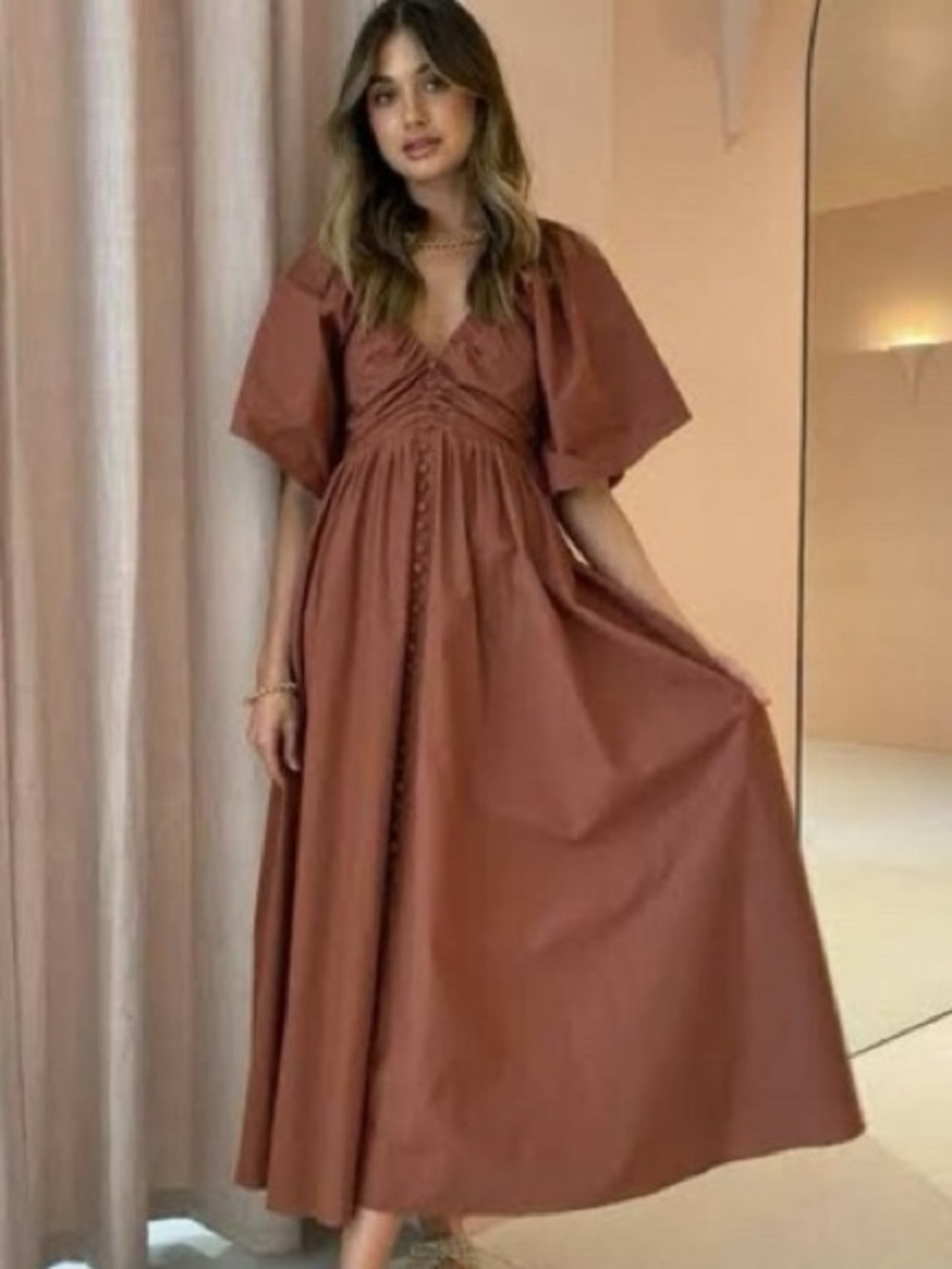 JOSLIN Sakura Midi Earth Brown Dress in Organic Cotton mocha AU10